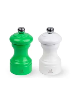 Discount Bistro Set of manual wooden salt and pepper mills in white and green gloss, 10cm Salt|Salt & Pepper Mill Sets