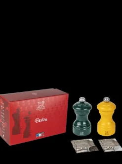Store Bistrorama gift set bundle bundle of bistrorama wooden saffron yellow salt mill and forest green pepper mill, in a presentation box, and a scahet each of salt & pepper. size 10 cm. Salt|Salt & Pepper Mill Sets