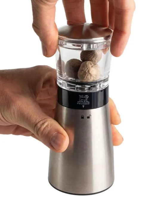 Shop Daman Manual nutmeg mill in stainless steel and acrylic with magnetic cover 15cm For The Foodie|Speciality Spice Mills
