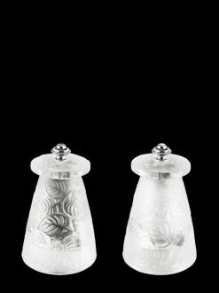 Hot Lalique duo of manual salt and pepper mills, crystal, 9 cm Salt|Salt & Pepper Mill Sets