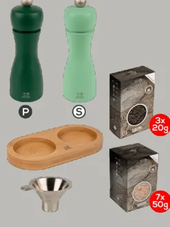 Best Sale Tahiti pack with tray Duo of 15 cm wooden salt and pepper mills with spices and bamboo linéa tray Salt|Salt & Pepper Mill Sets