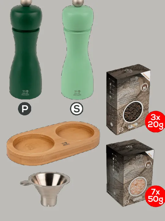 Best Sale Tahiti pack with tray Duo of 15 cm wooden salt and pepper mills with spices and bamboo linéa tray Salt|Salt & Pepper Mill Sets